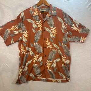 Tommy Bahama Shirt Mens Large L Orange Floral Hawaiian Button Up Silk Aloha